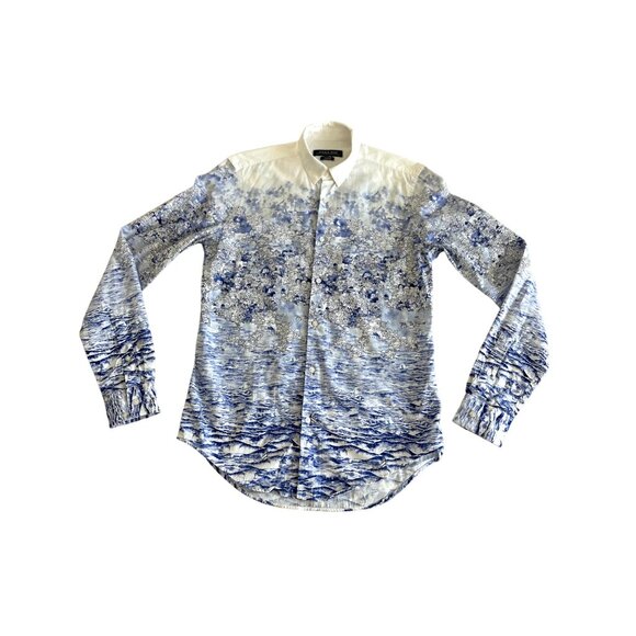 ZARA  Man ~  Slim Fit Blue & White Landscape Print Long Sleeve Shirt - Picture 8 of 10